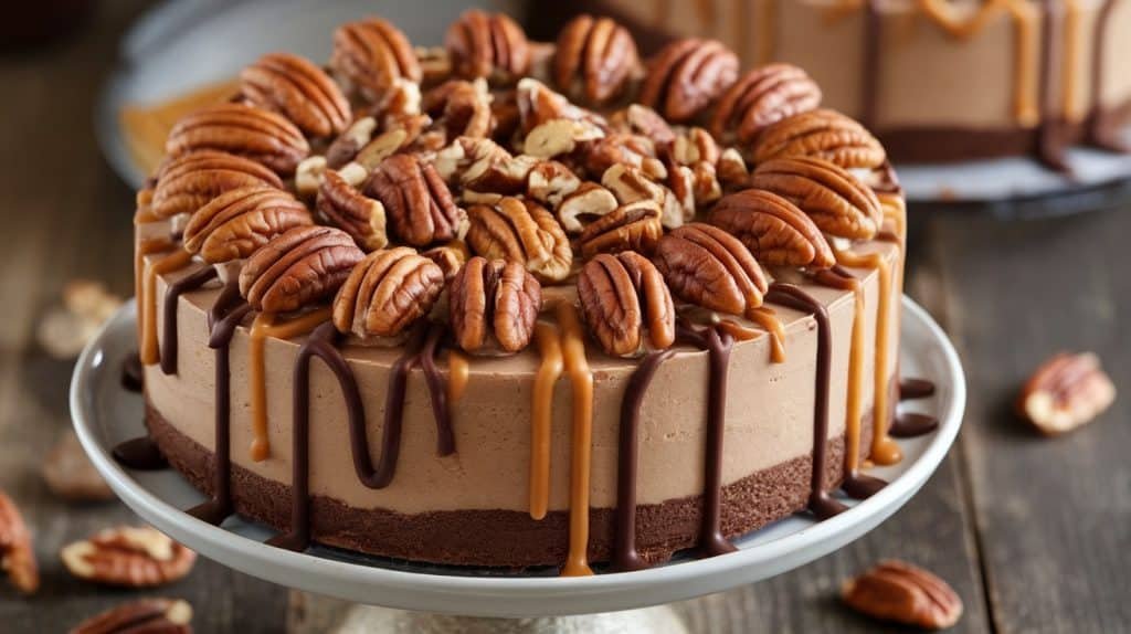 No-Bake Turtle Cheesecake (Chocolate, Caramel, and Pecans)