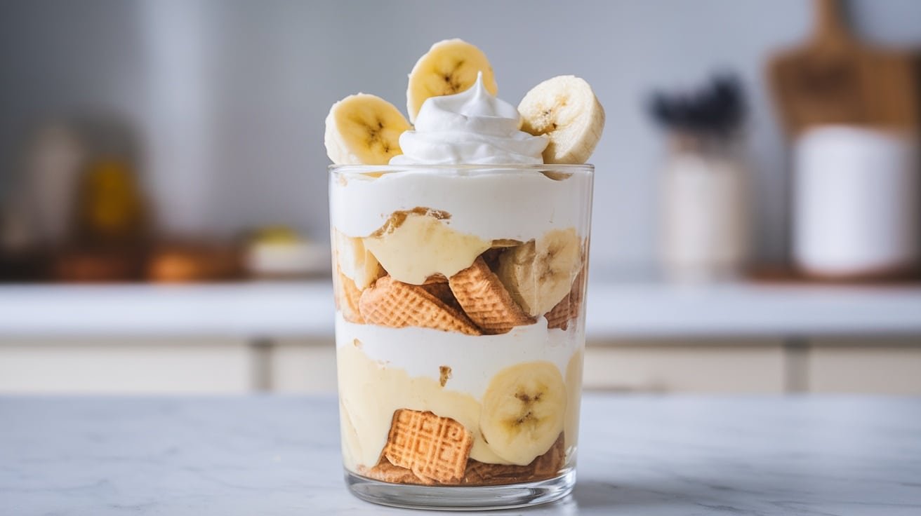 A layered banana pudding parfait with banana slices and whipped cream in a glass.