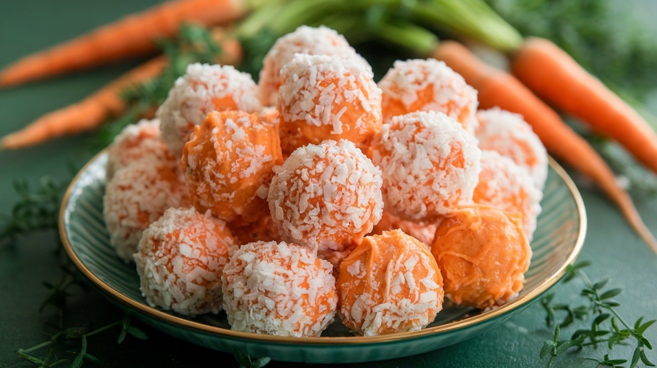 A plate of No-Bake Carrot Cake Truffles coated in coconut, with fresh carrots in the background.