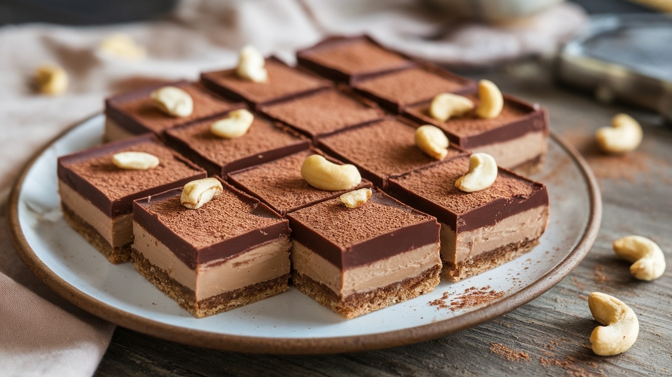 A plate of no-bake chocolate cashew butter bars with chocolate topping and cashew pieces.