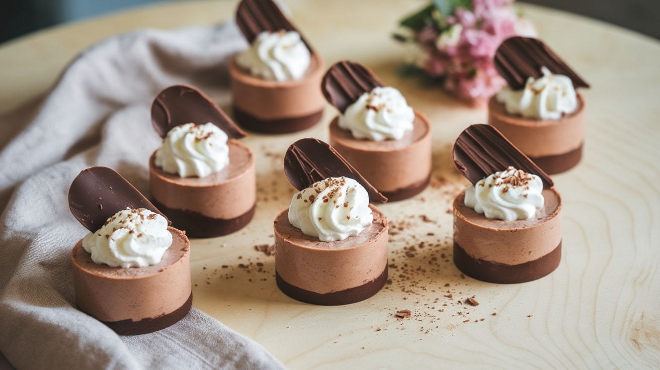 Delicate no-bake chocolate mousse cups topped with whipped cream and chocolate shavings on a wooden table.
