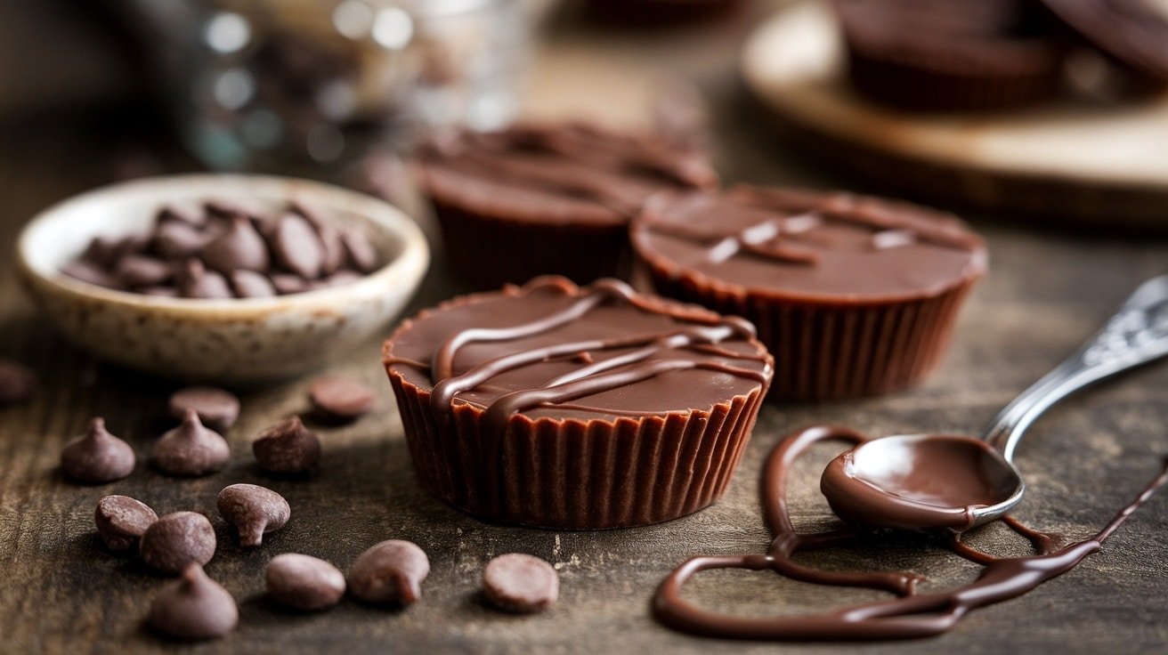 Decadent No-Bake Chocolate Peanut Butter Cups on a wooden table, showcasing chocolate and peanut butter layers.