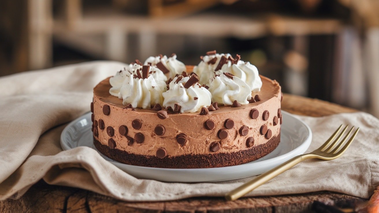 Slice of No-Bake Double Chocolate Chip Cheesecake with chocolate chips and whipped cream on rustic table.