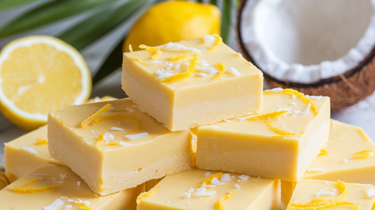 Squares of No-Bake Lemon Coconut Fudge garnished with lemon zest and coconut flakes on a wooden board.