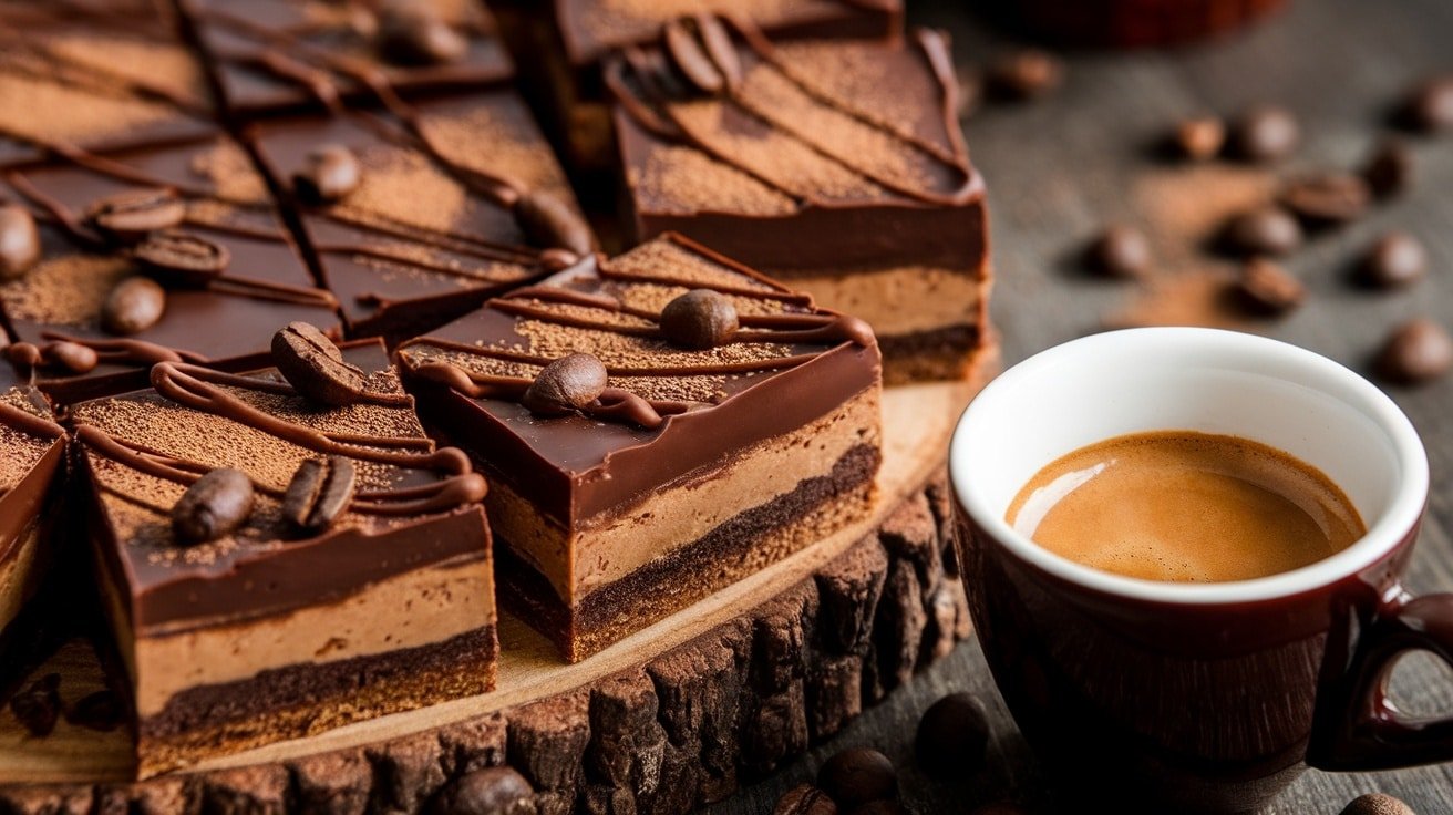 Decadent no-bake mocha espresso bars on a wooden plate, garnished with coffee beans.