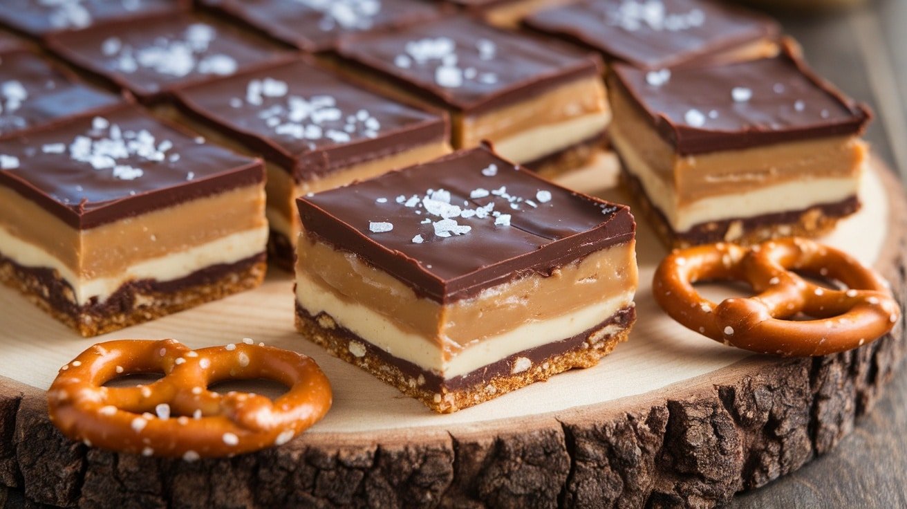 No-Bake Salted Caramel Pretzel Bars with pretzel crust, caramel filling, and chocolate topping, garnished with sea salt.