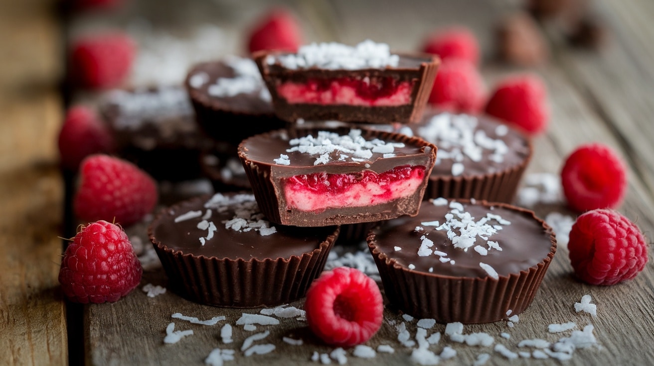 No-bake chocolate raspberry coconut cups with raspberry filling and coconut topping on a wooden table.
