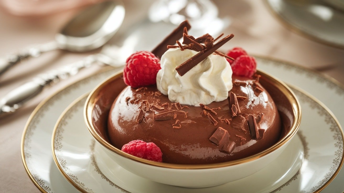 Decadent chocolate mousse in a bowl topped with whipped cream, chocolate shavings, and berries.