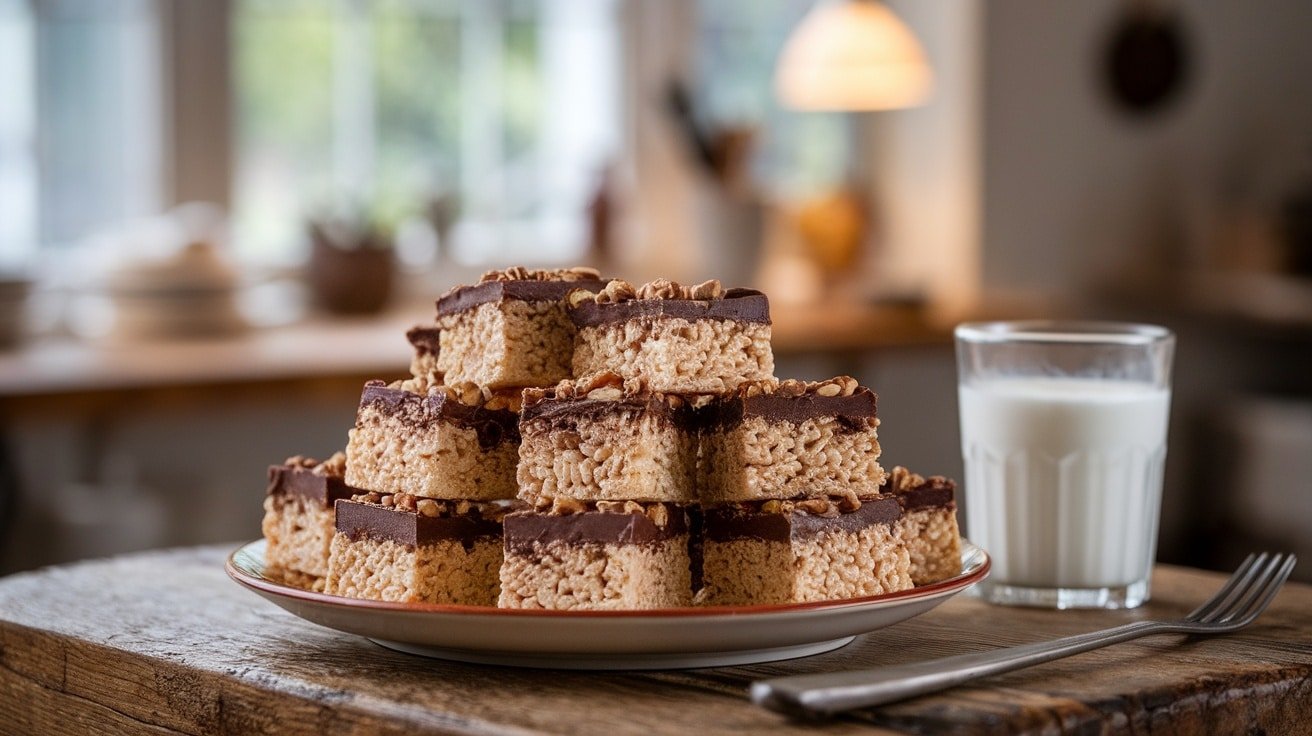 Decadent Nutty Chocolate Rice Krispie Treats on a plate, garnished with nuts, paired with a glass of milk.