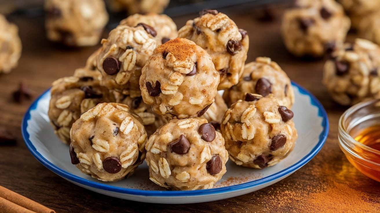 A close-up of No-Bake Cinnamon Roll Energy Bites on a plate, with a rustic setting and ingredients in the background.