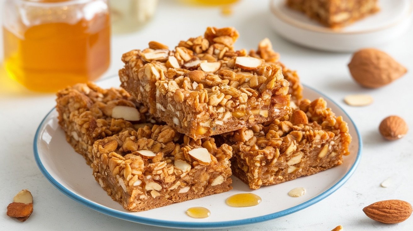 A plate of Honey Almond No-Bake Granola Bars garnished with almonds and honey.