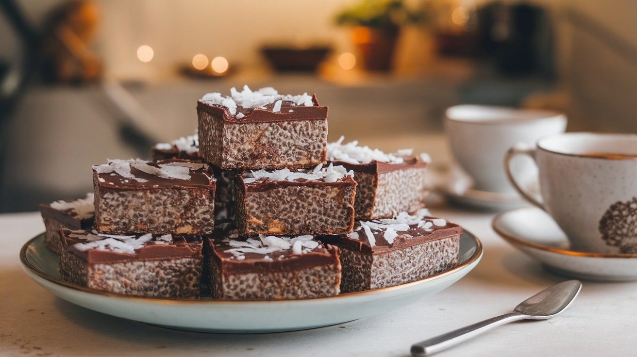 No-Bake Chocolate Coconut Chia Bars on a plate, topped with shredded coconut, set in a cozy kitchen.