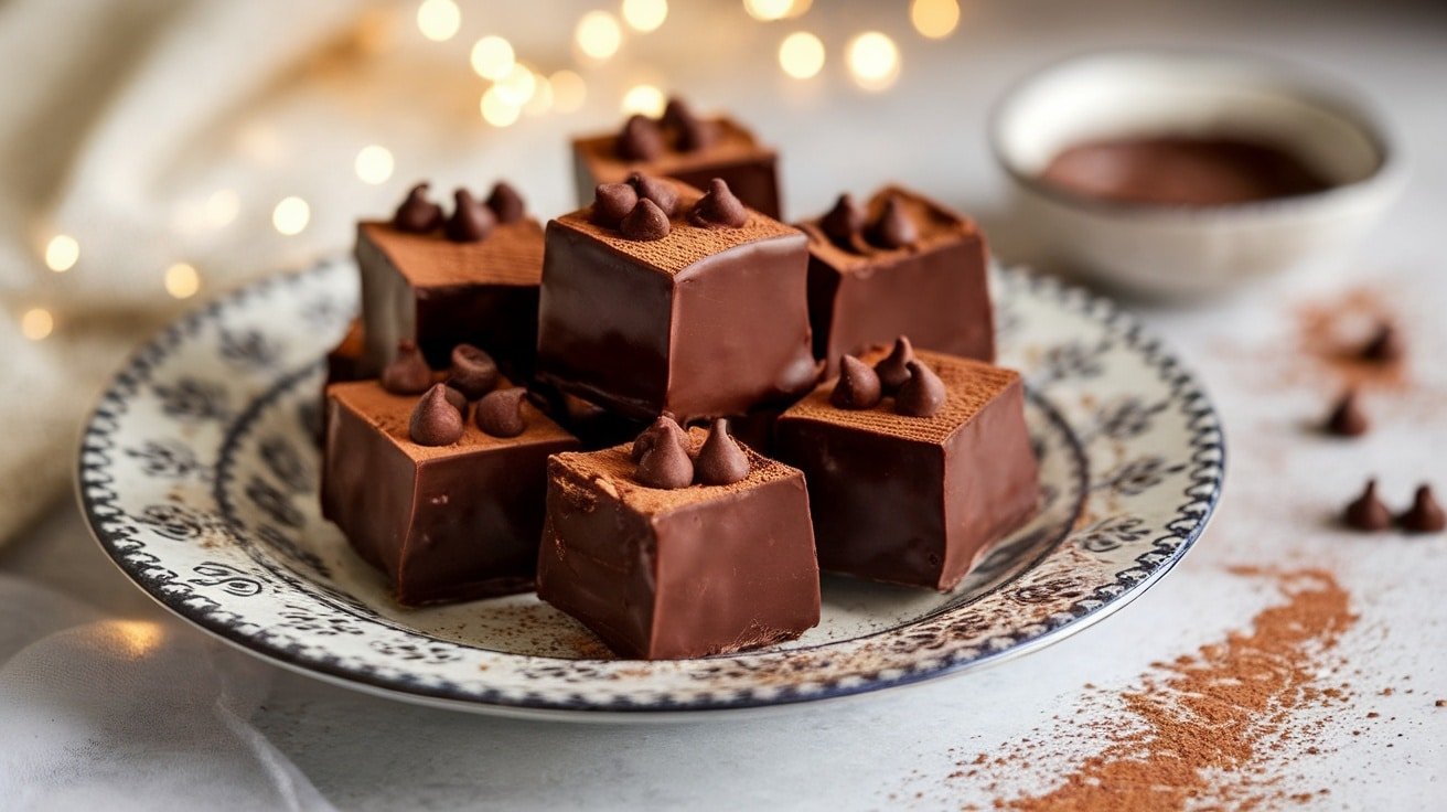 Dark chocolate fudge bites topped with mini chocolate chips on a decorative plate.