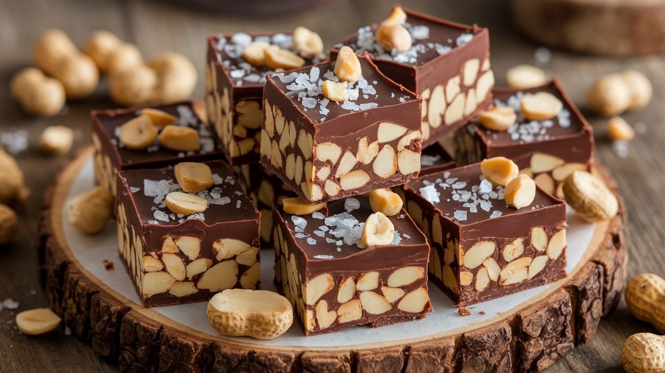 Decadent no-bake salted peanut fudge squares with a chocolate topping and peanuts on a wooden plate.