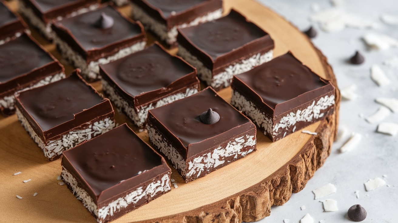 A tempting stack of No-Bake Dark Chocolate Coconut Bars topped with dark chocolate and coconut flakes on a wooden board.