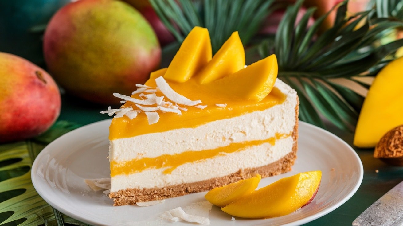 A slice of creamy No-Bake Coconut Mango Cheesecake with a colorful mango topping and toasted coconut flakes.