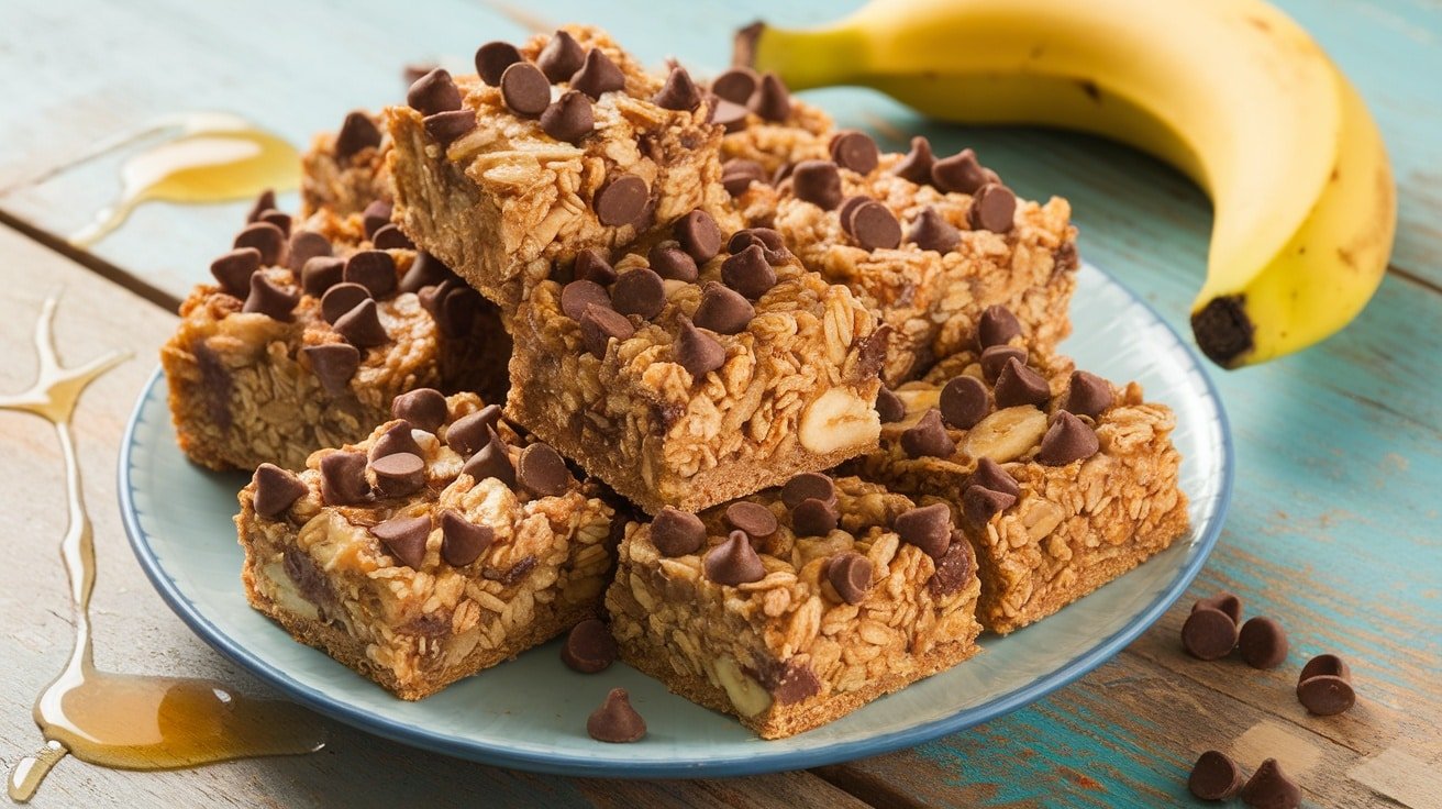 A plate of No-Bake Banana Chocolate Chip Granola Bars with bananas and honey, on a wooden table.