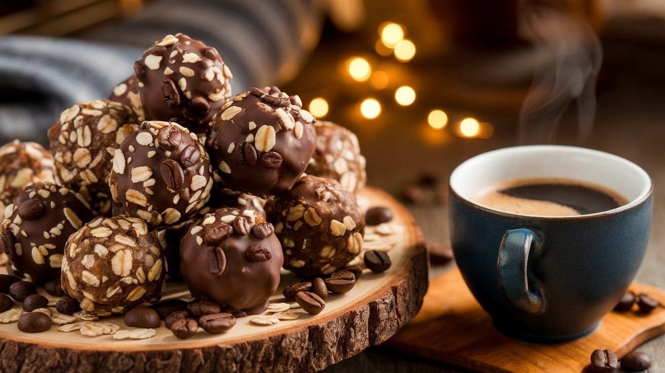 A platter of No-Bake Mocha Energy Balls with coffee beans and oats, alongside a cup of coffee.