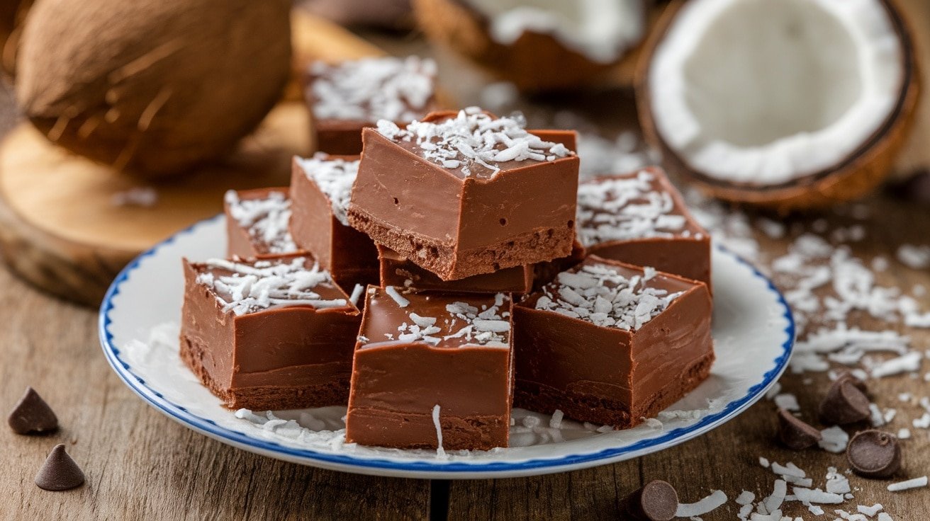 Plate of No-Bake Chocolate Coconut Fudge squares sprinkled with coconut on a rustic table.
