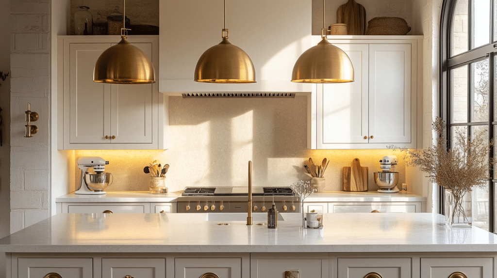 white and gold kitchen