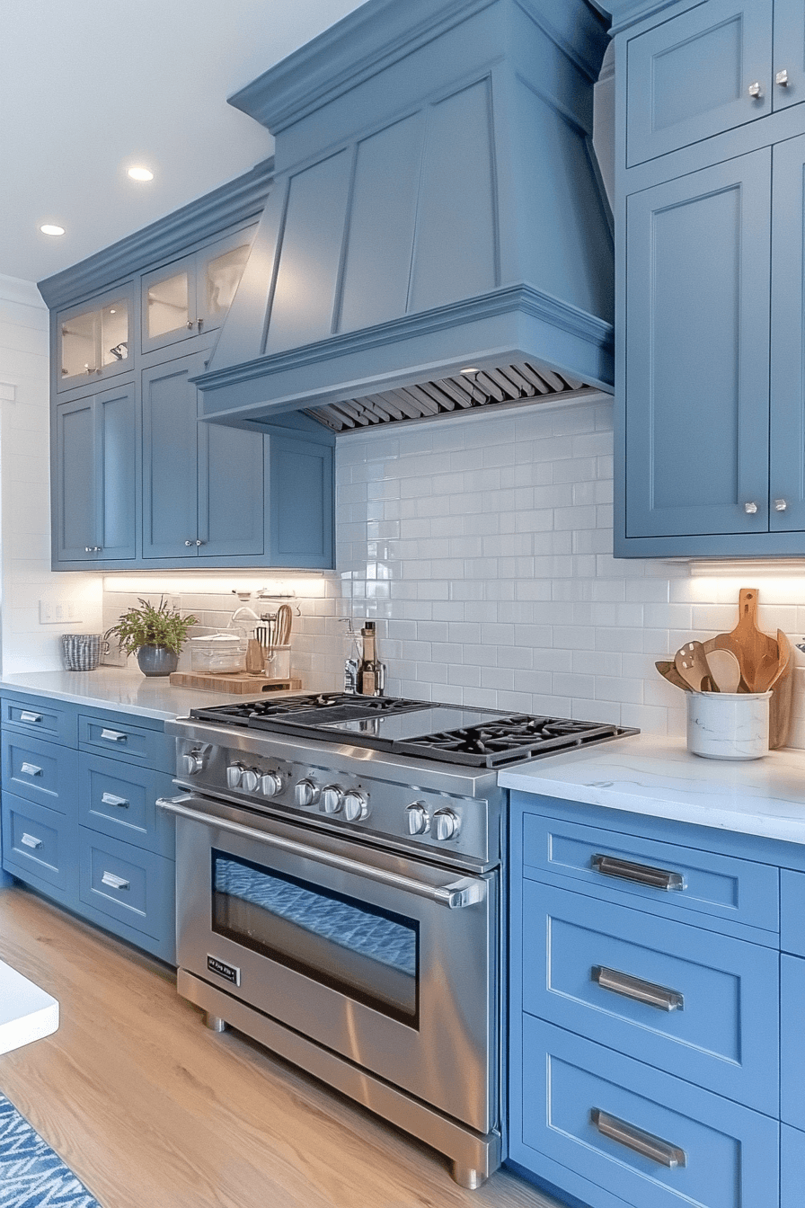 blue and white kitchen cabinets