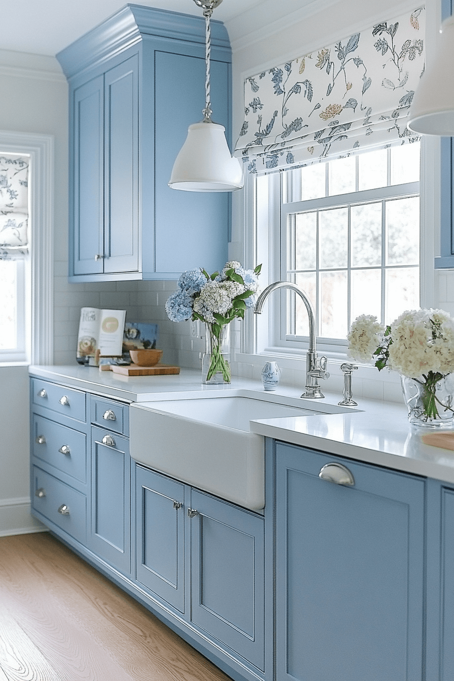 blue and white kitchen cabinets