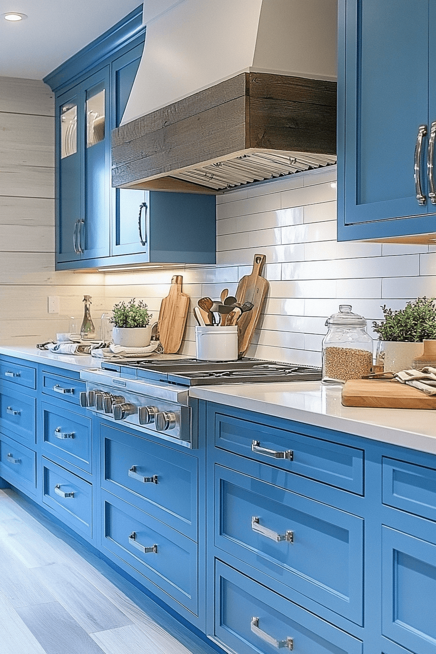 blue and white kitchen cabinets