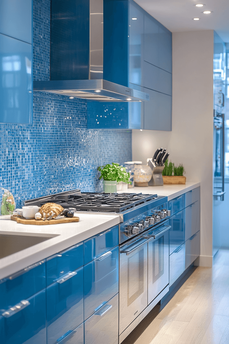 blue and white kitchen cabinets