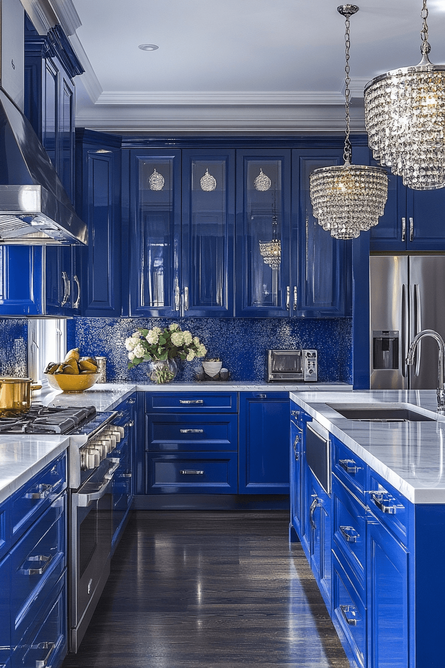 blue and white kitchen cabinets