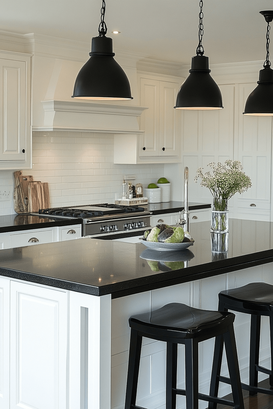 white cabinets black countertops