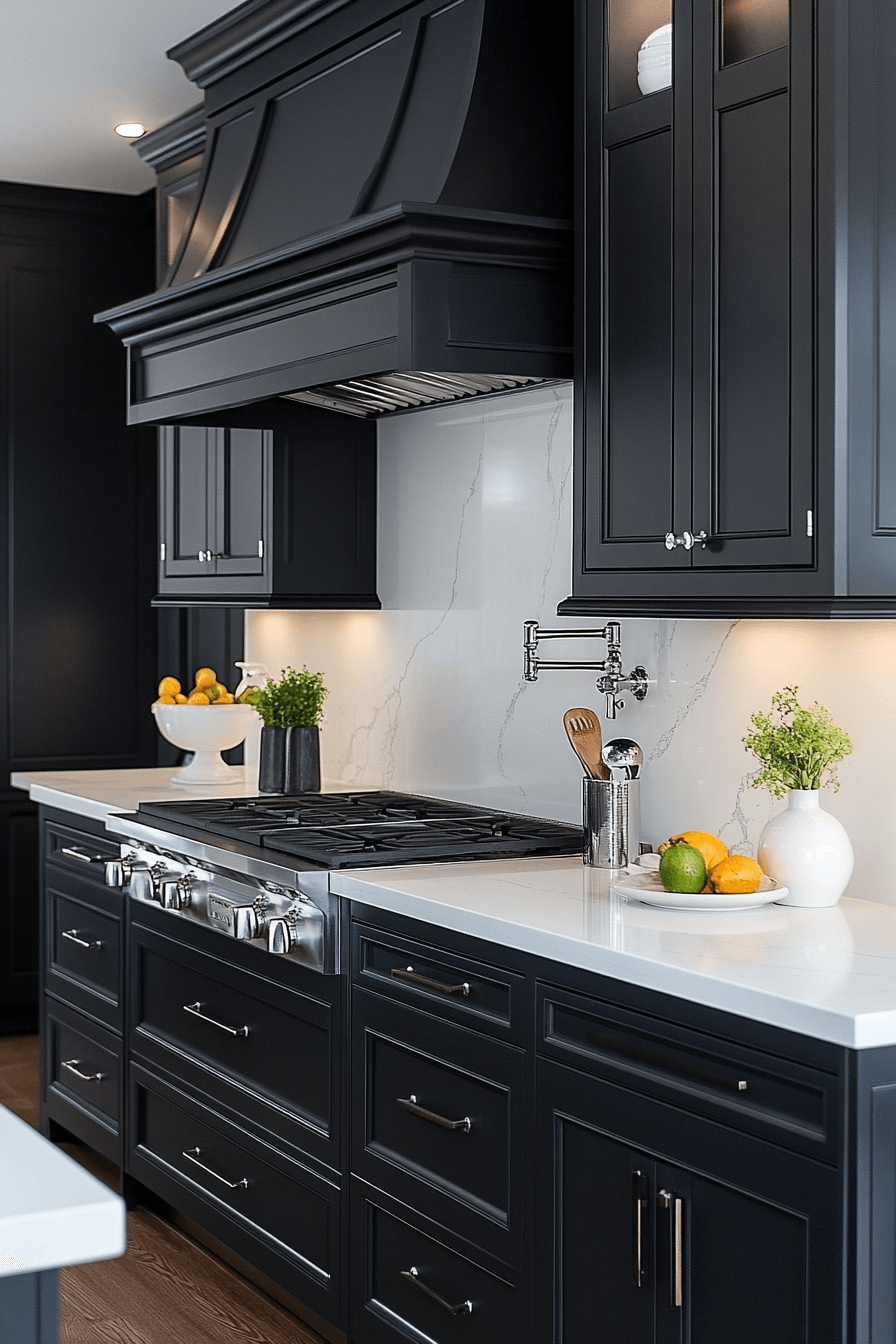 black cabinets white countertops