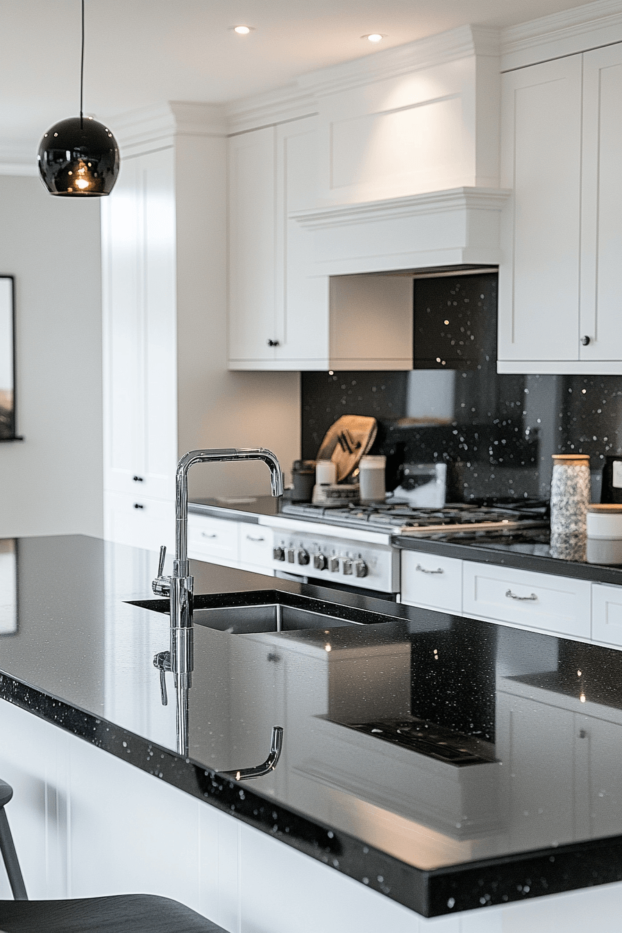 white cabinets black countertops