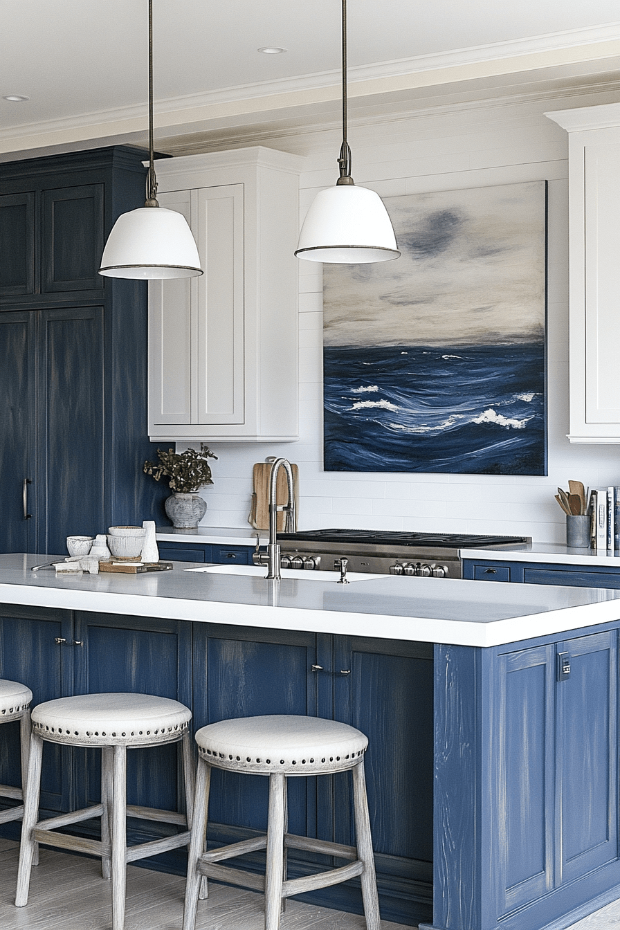 blue and white kitchen cabinets