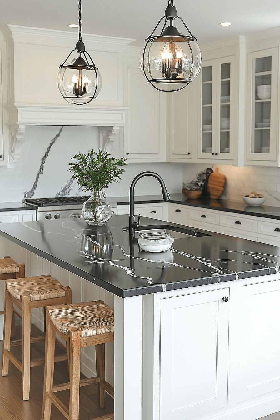 white cabinets black countertops