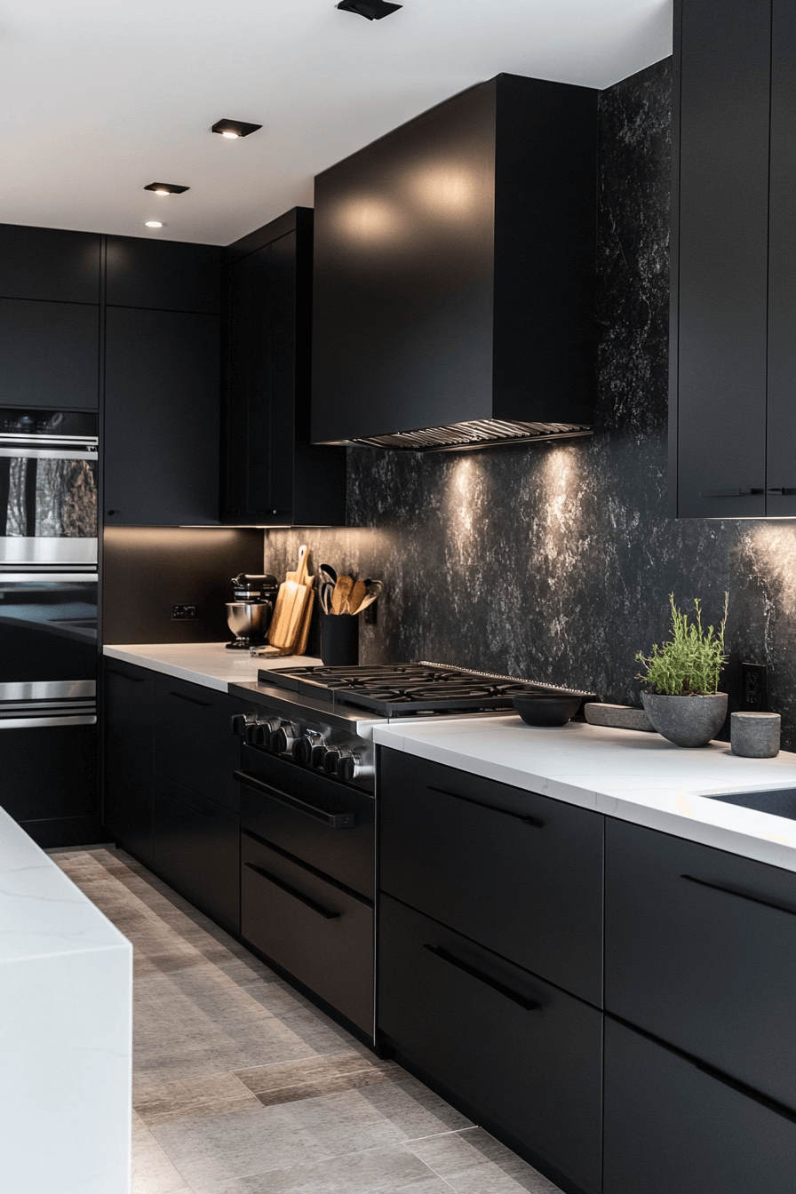 black cabinets white countertops
