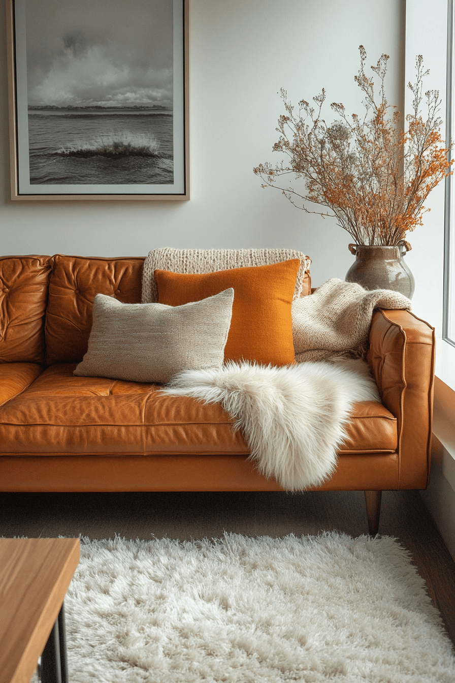 cognac couch living room ideas