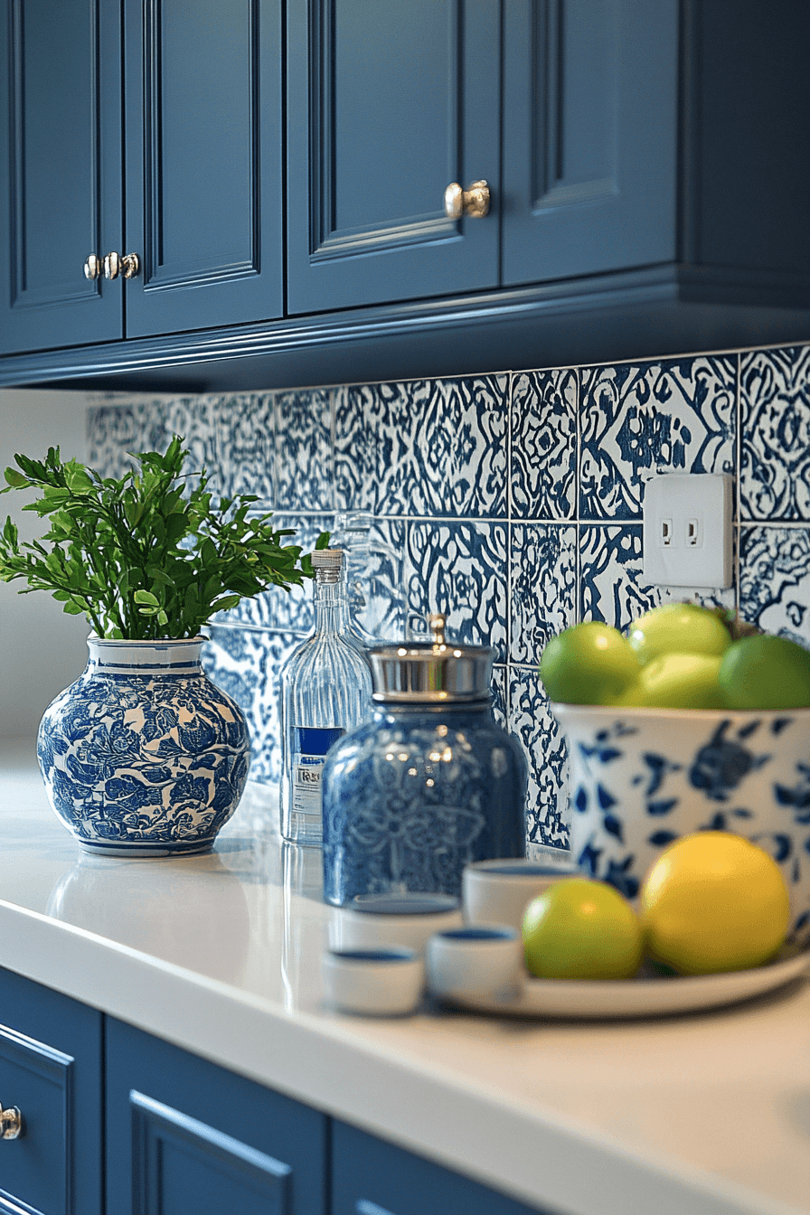 blue and white kitchen cabinets