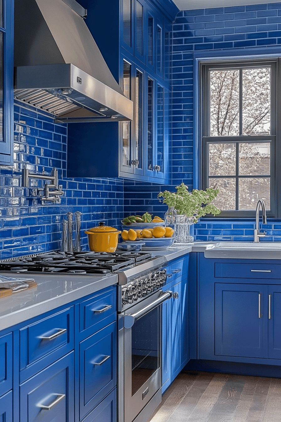 blue and white kitchen cabinets