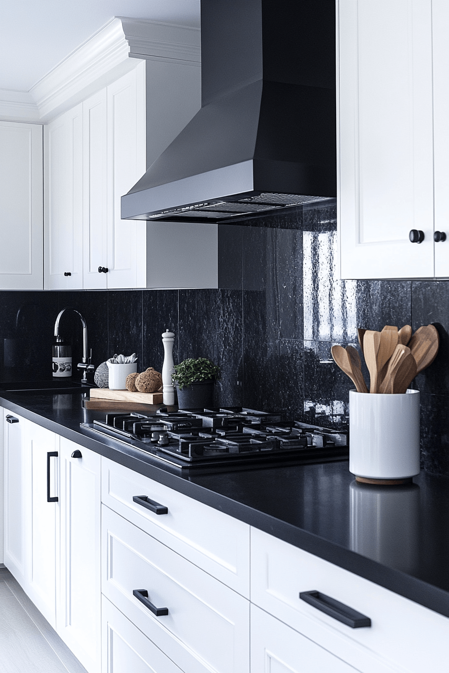 white cabinets black countertops