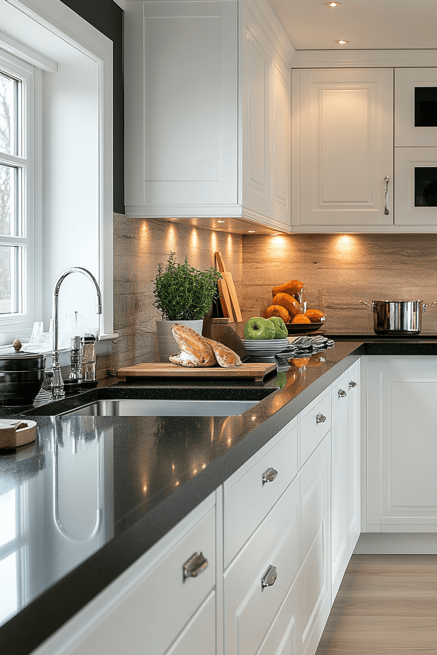 white cabinets black countertops