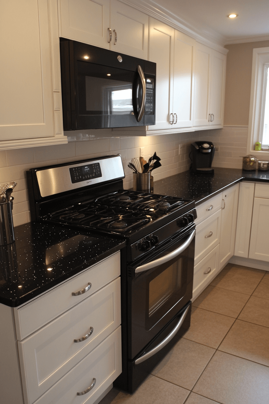 white cabinets black countertops