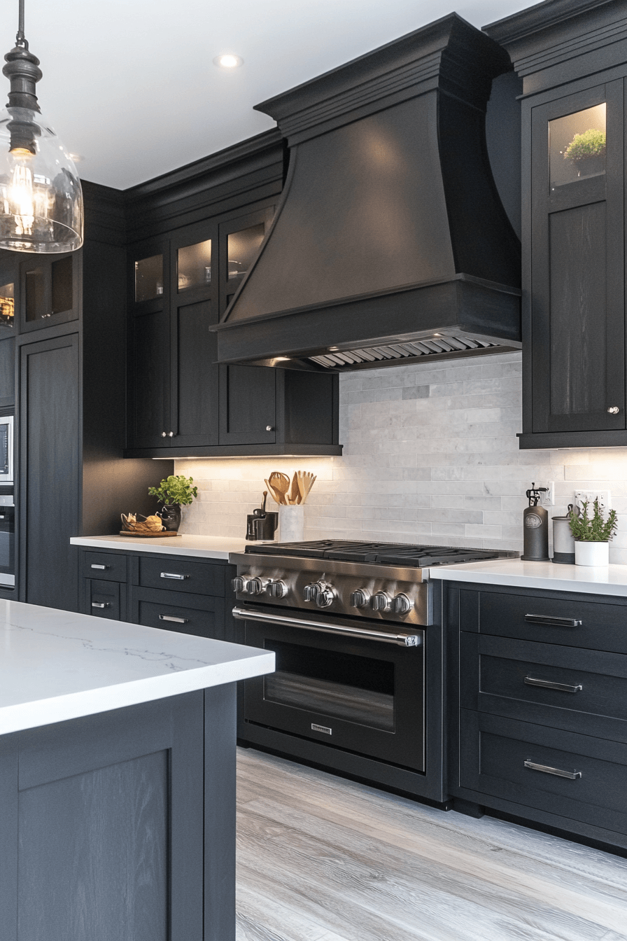 black cabinets white countertops
