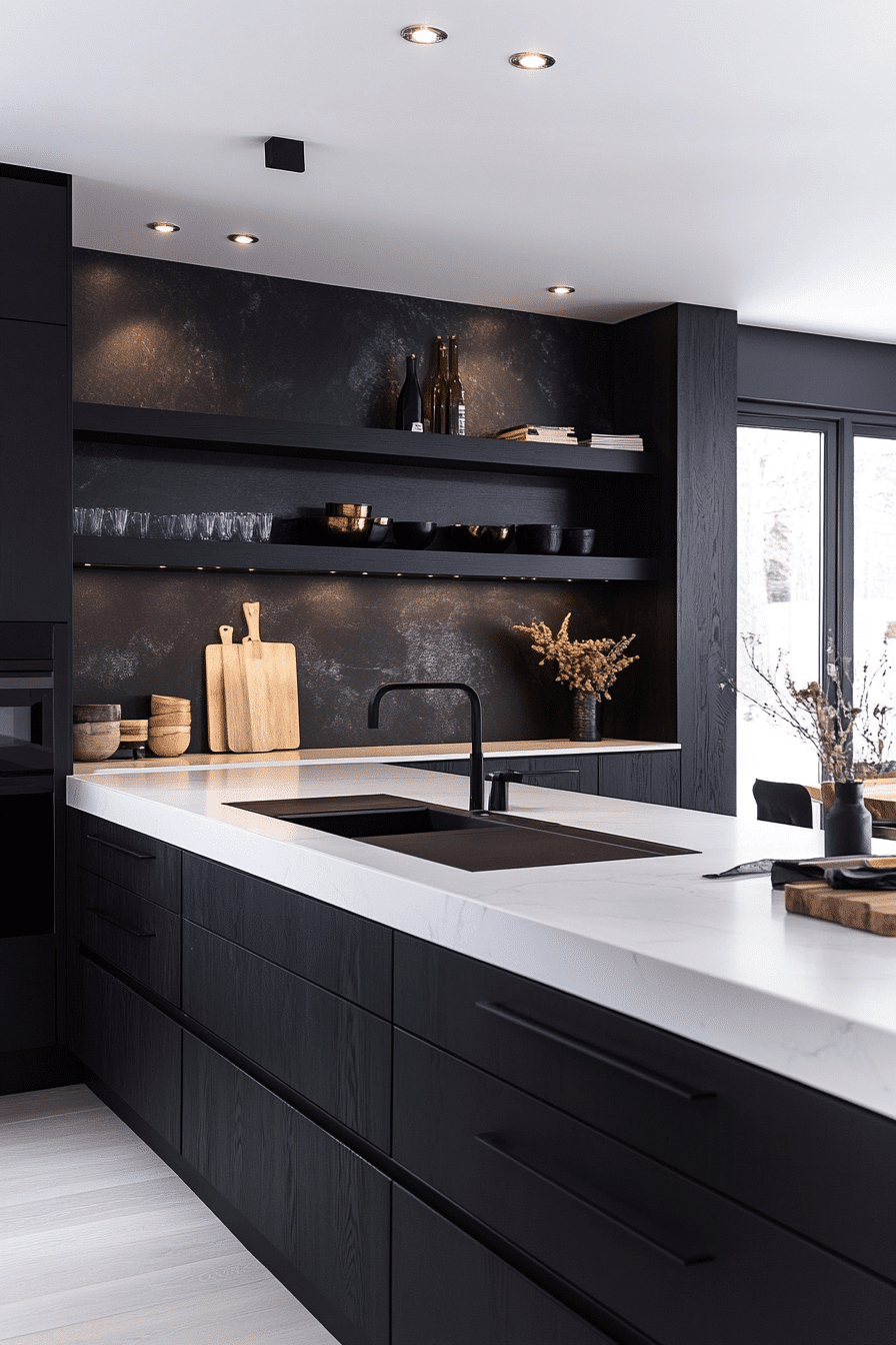 black cabinets white countertops
