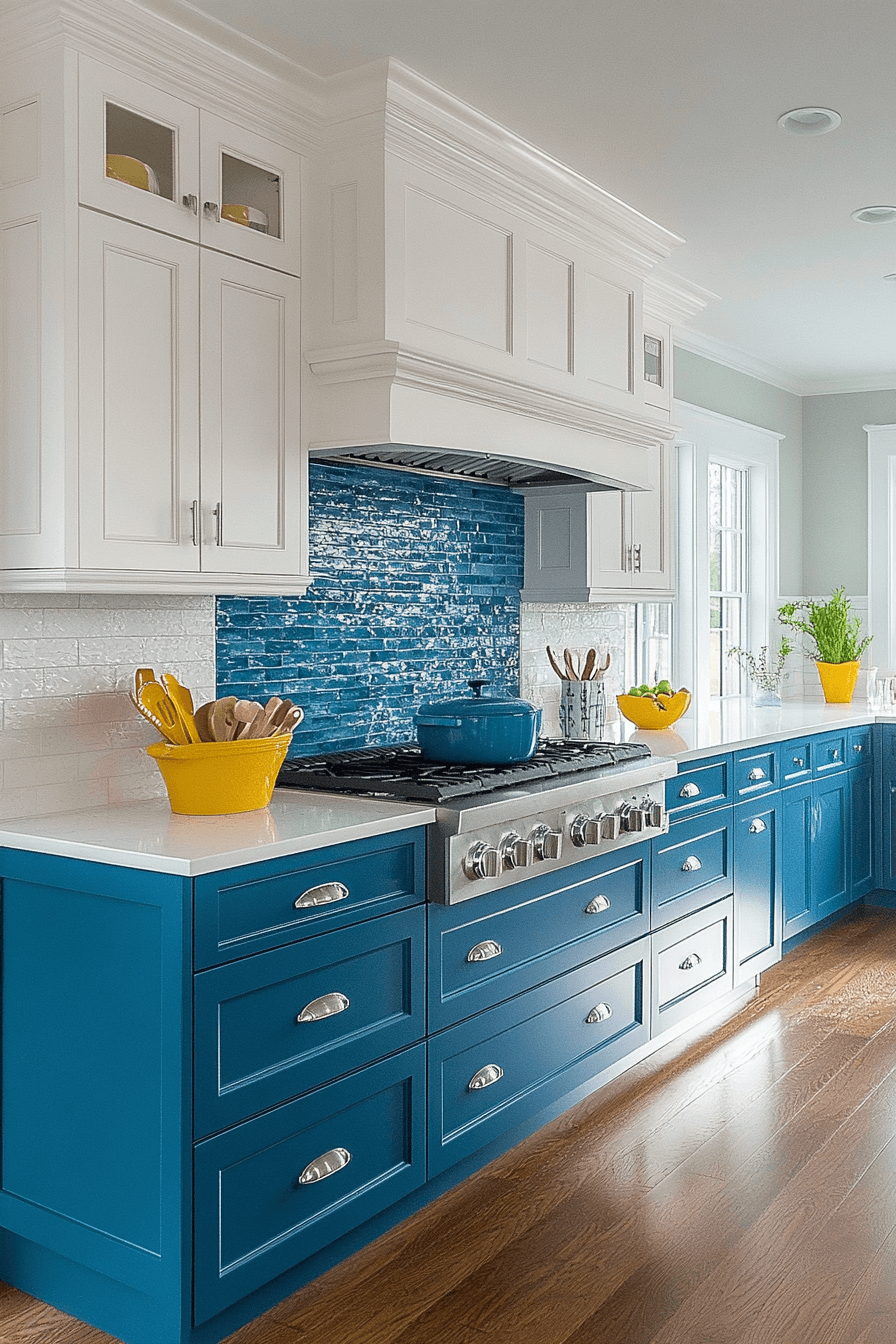 blue and white kitchen cabinets