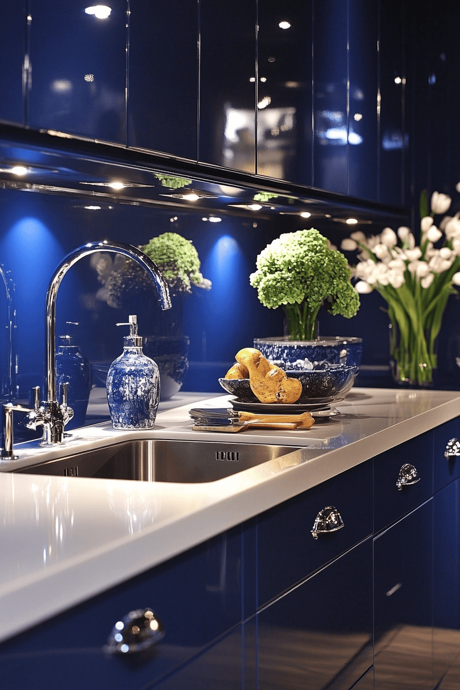 blue and white kitchen cabinets