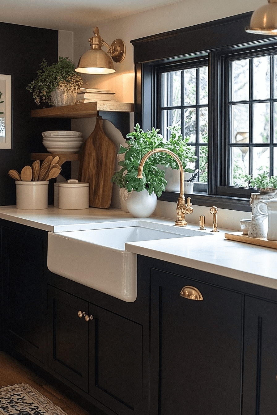 black cabinets white countertops