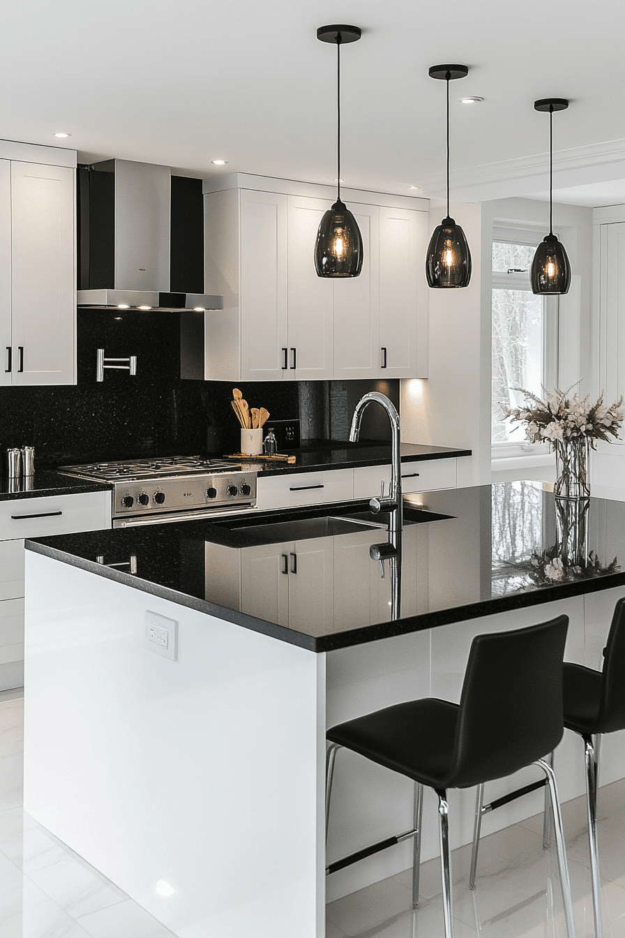 white cabinets black countertops