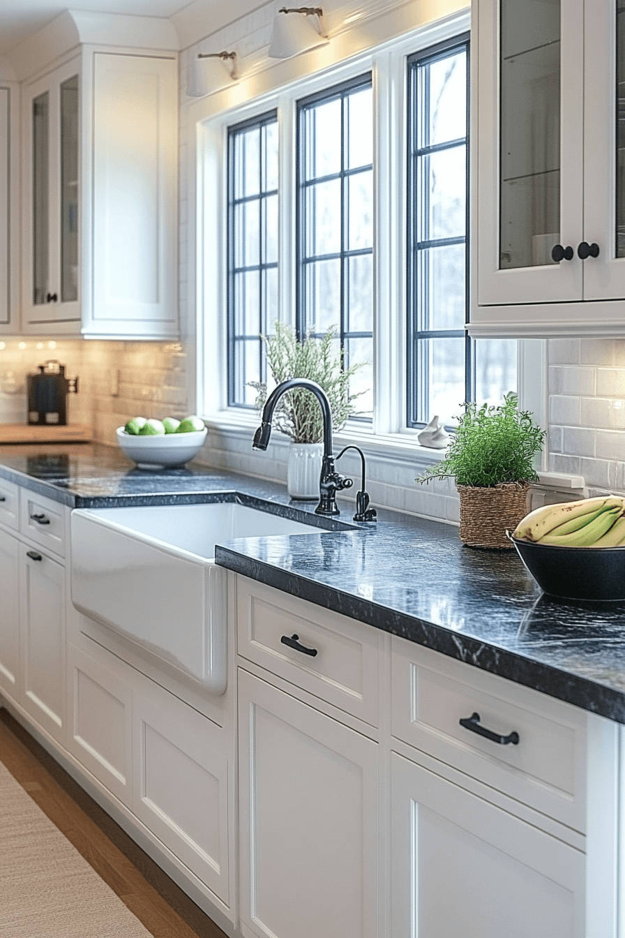 white cabinets black countertops