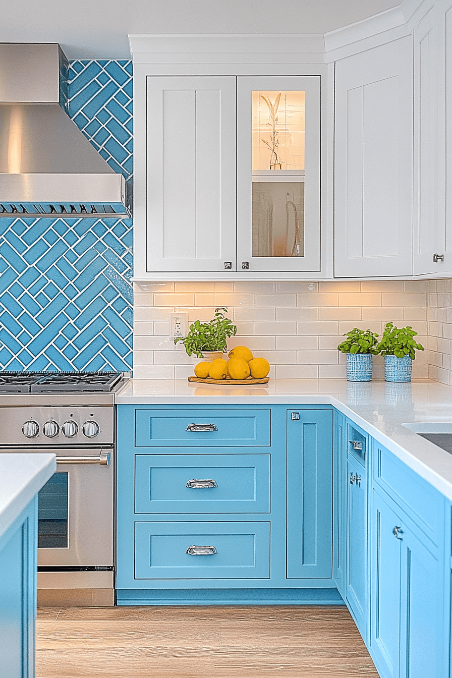 blue and white kitchen cabinets