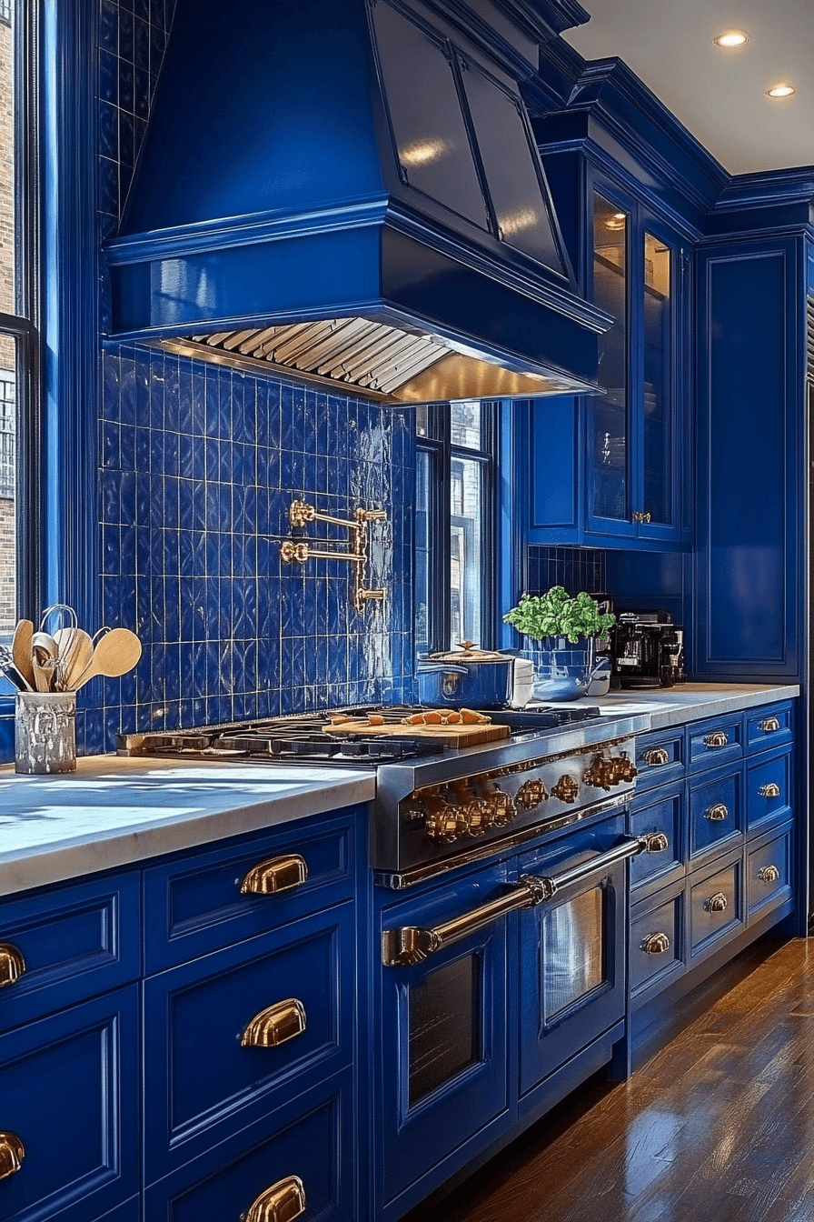 blue and white kitchen cabinets